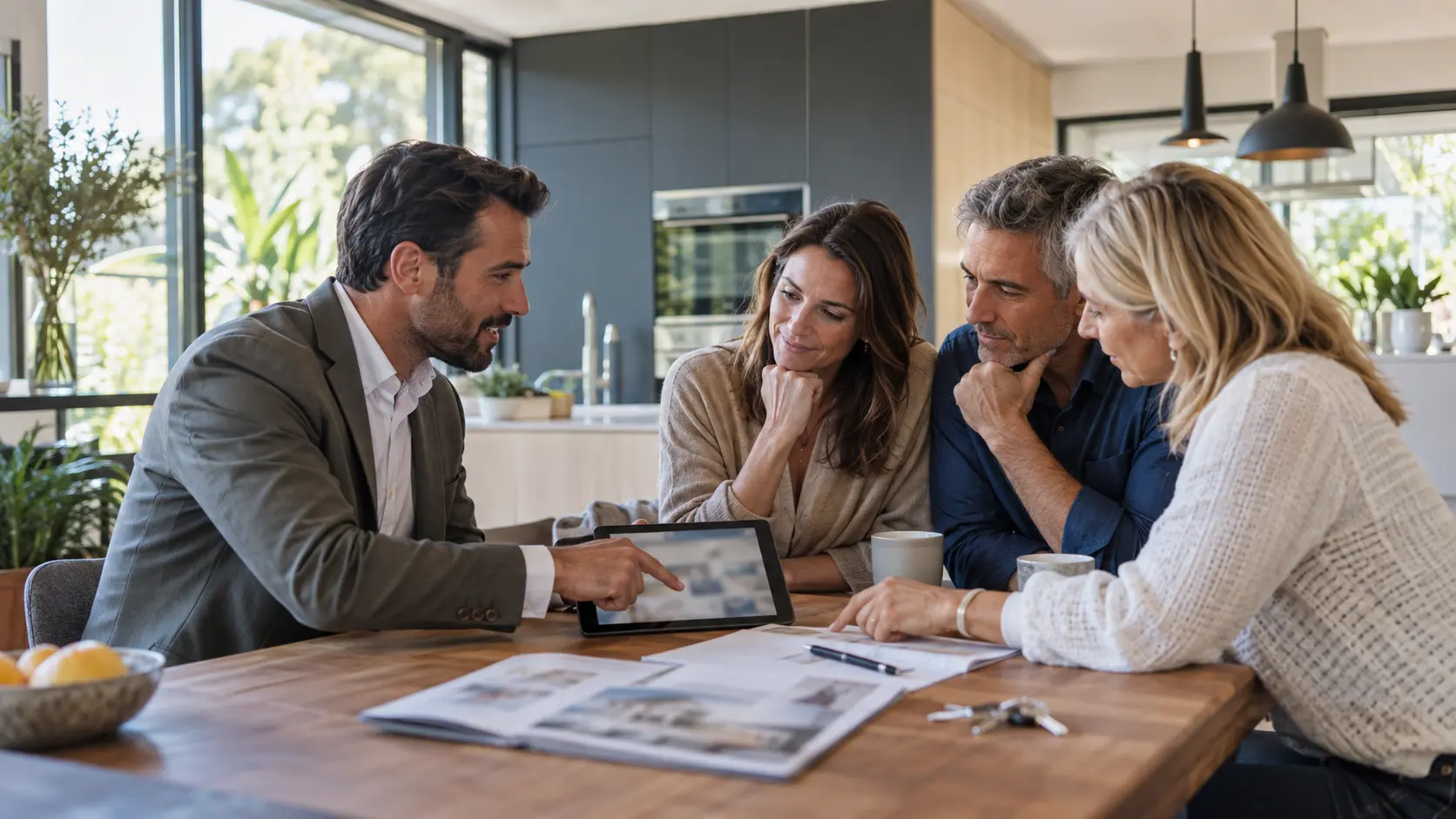 Asesor inmobiliario explicando la valoración de una vivienda heredada a varios propietarios.