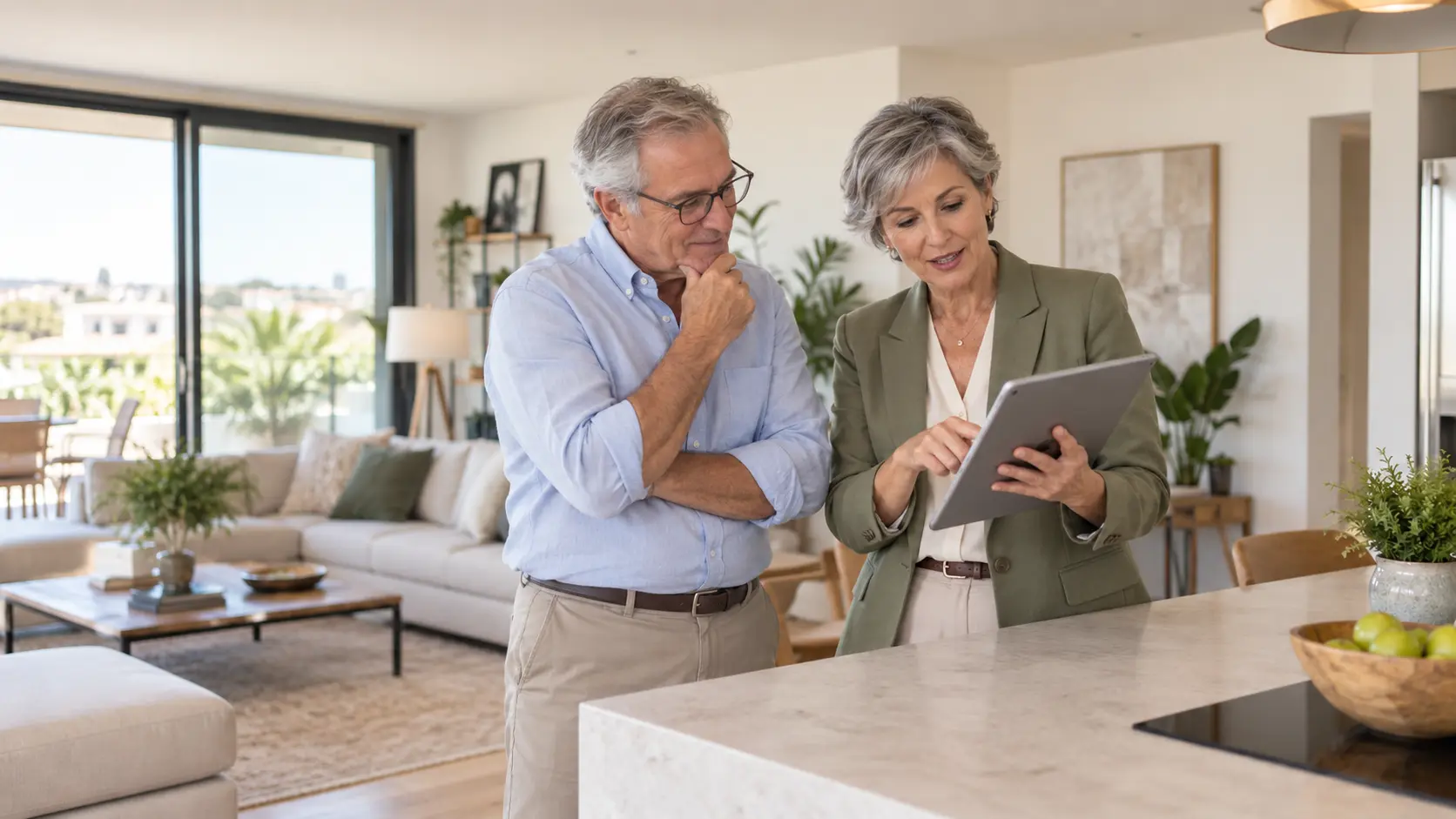 Asesor inmobiliario revisando una valoración de vivienda junto a propietarios