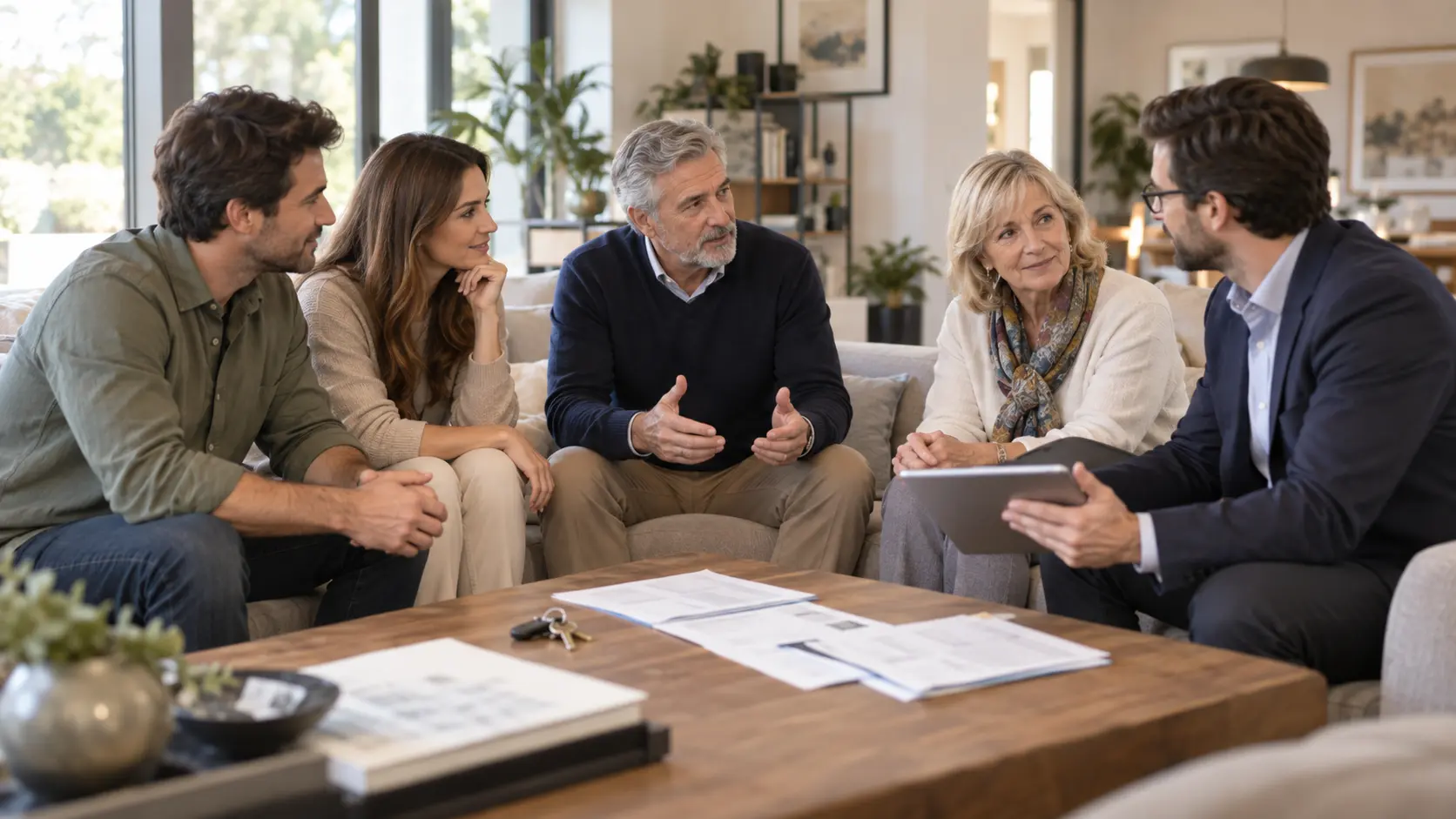 Familia valorando la venta de una vivienda heredada entre varios propietarios.