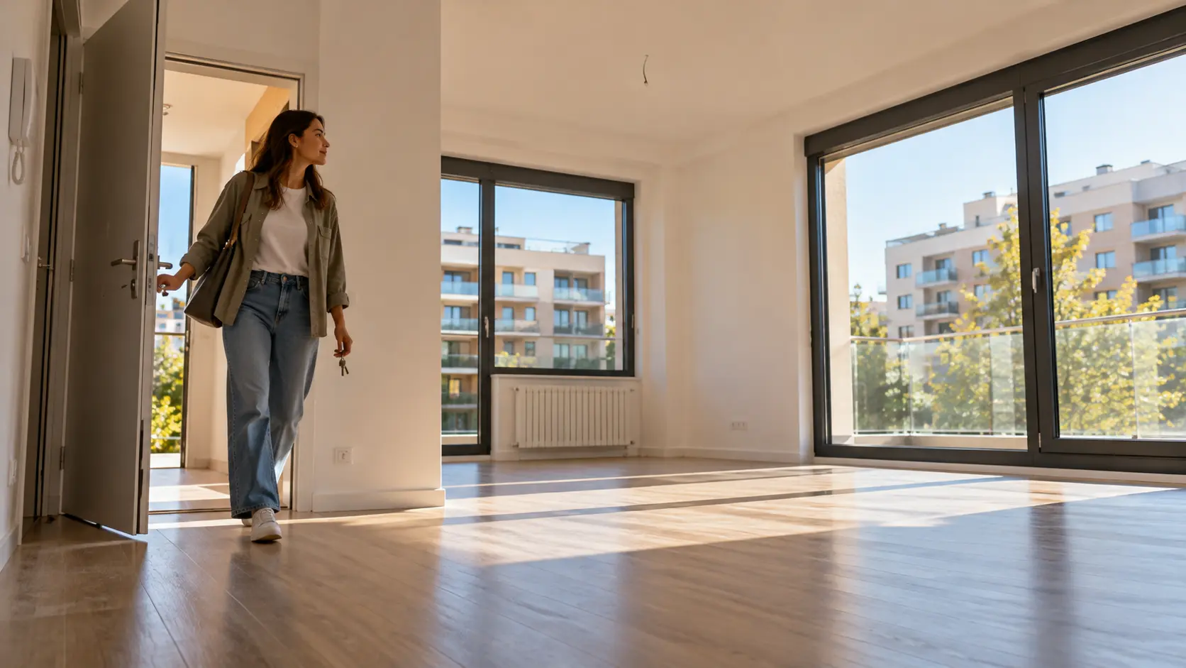 Persona entrando por primera vez en una vivienda que puede convertirse en su hogar.
