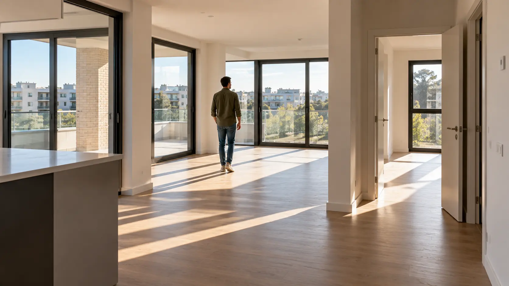 Persona visitando una vivienda de obra nueva antes de comprar su primera casa.
